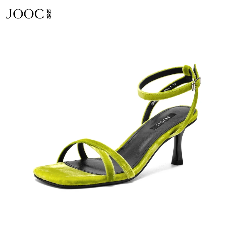 JOOC玖诗一字带凉鞋女2025夏季新款真丝绒布方头粗跟凉鞋百搭女鞋