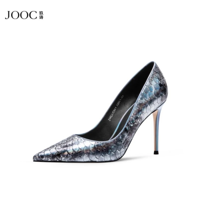 JOOC玖诗新款尖头高跟鞋女细跟鱼纹牛皮时尚气质性感单鞋5841