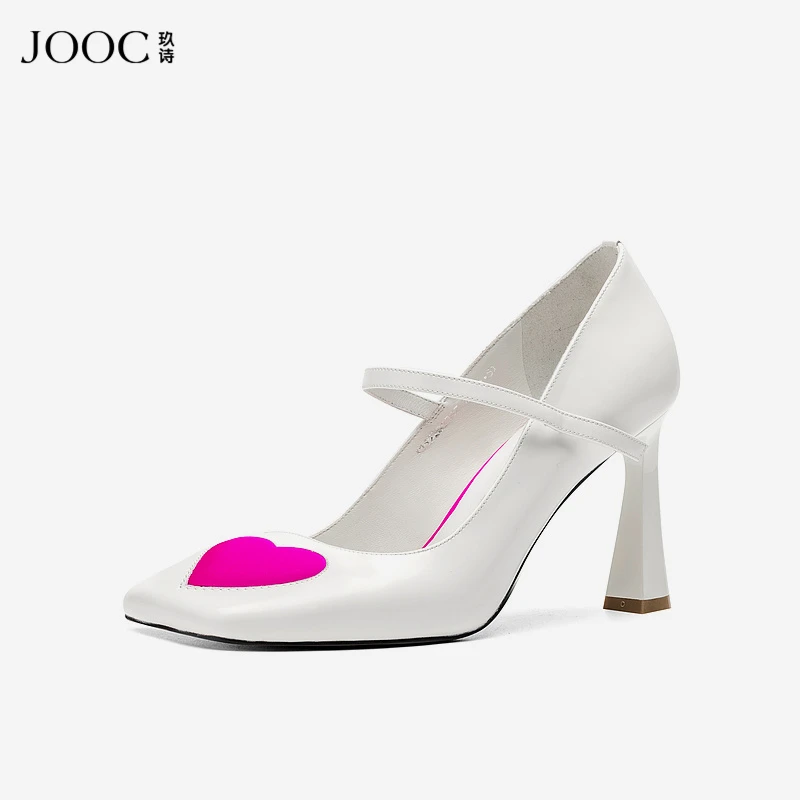 JOOC玖诗真皮方头单鞋春季新款真皮一字带爱心玛丽珍鞋女6397