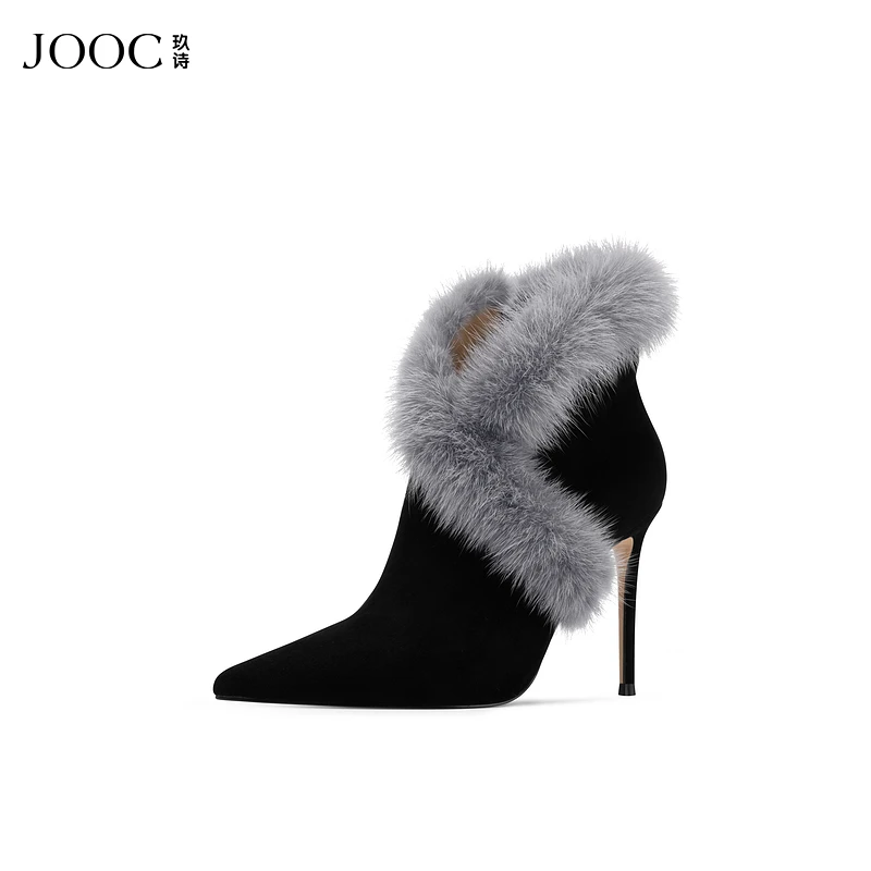【黑天鹅】JOOC玖诗尖头短靴女2025冬新款水貂毛气质细跟时装靴