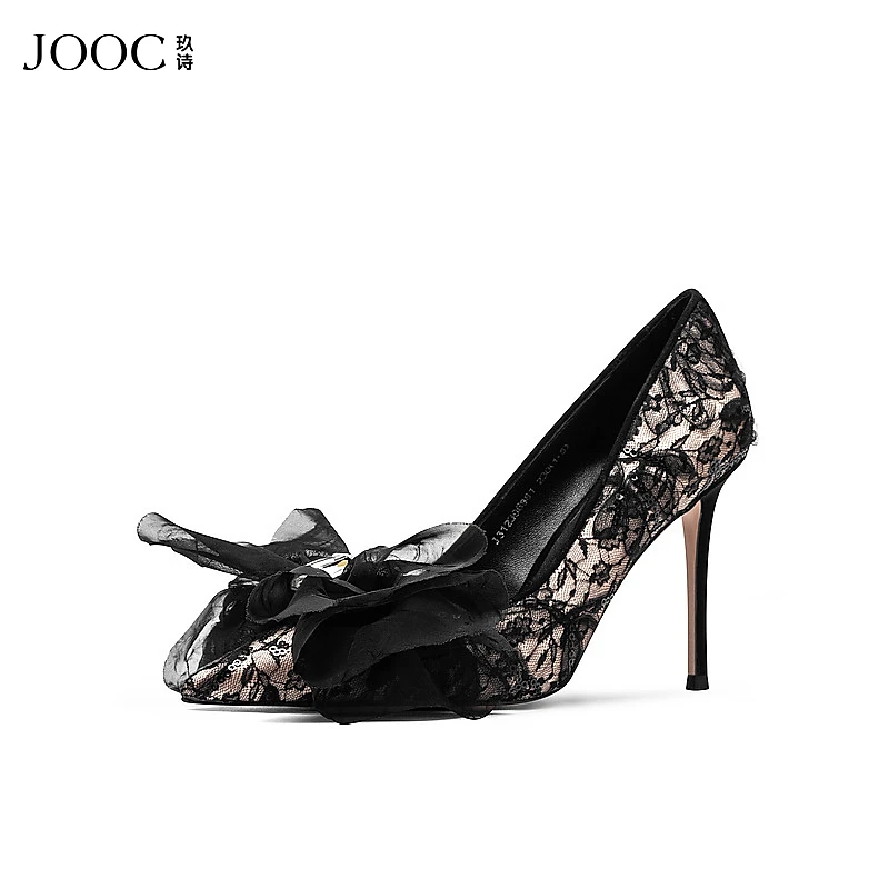 JOOC玖诗春季新款细高跟鞋女法式性感蕾丝蝴蝶结尖头单鞋6881