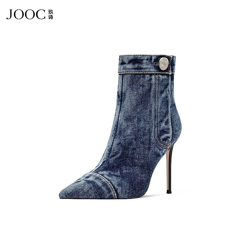 JOOC玖诗尖头短靴新款细跟牛仔时装靴设计师款女鞋短筒靴7064