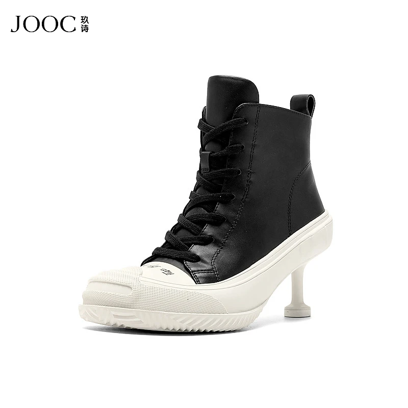 JOOC玖诗真皮高跟鞋女新款高帮设计感系带运动休闲鞋黑色【6993】