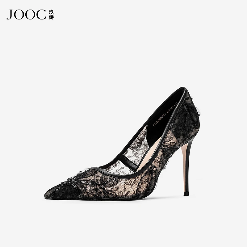 JOOC玖诗尖头高跟鞋女秋新款侧镂空小众女鞋时尚性感浅口气质单鞋