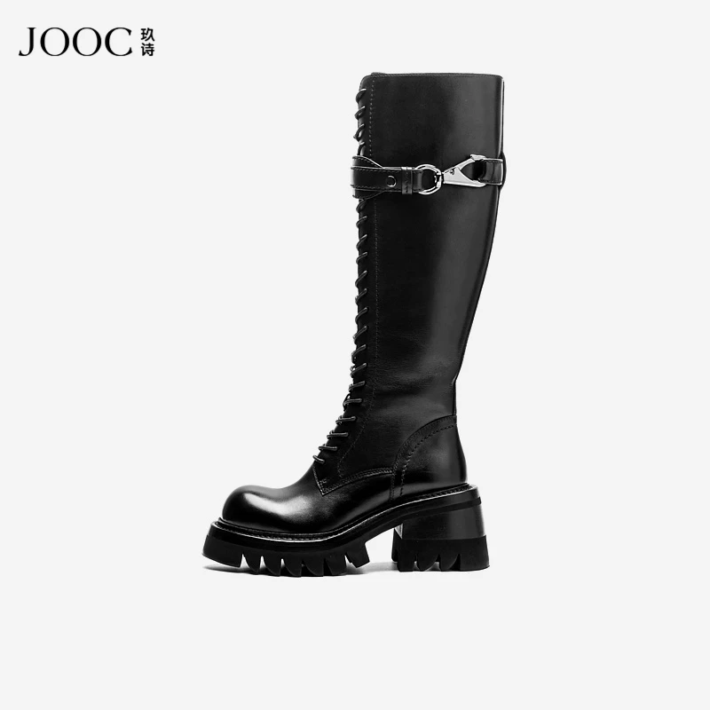 JOOC玖诗粗高跟长靴女牛皮高靴厚底马丁靴骑士靴保暖靴6222