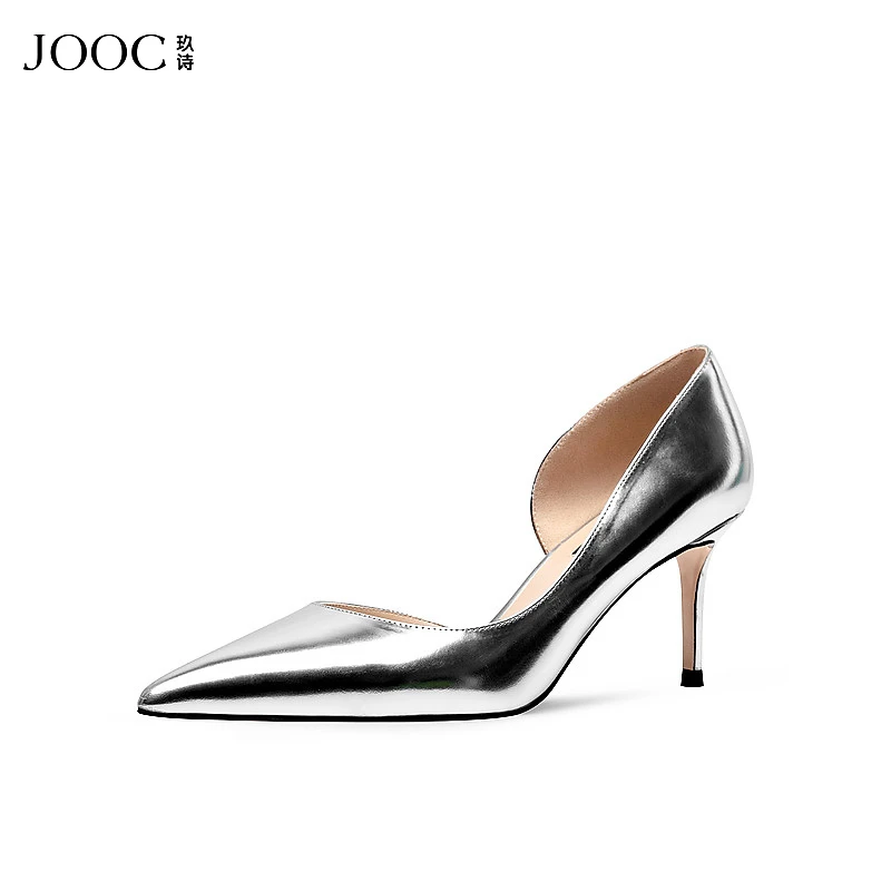 JOOC玖诗尖头高跟鞋女新款金属牛皮性感百搭浅口单鞋宴会7185
