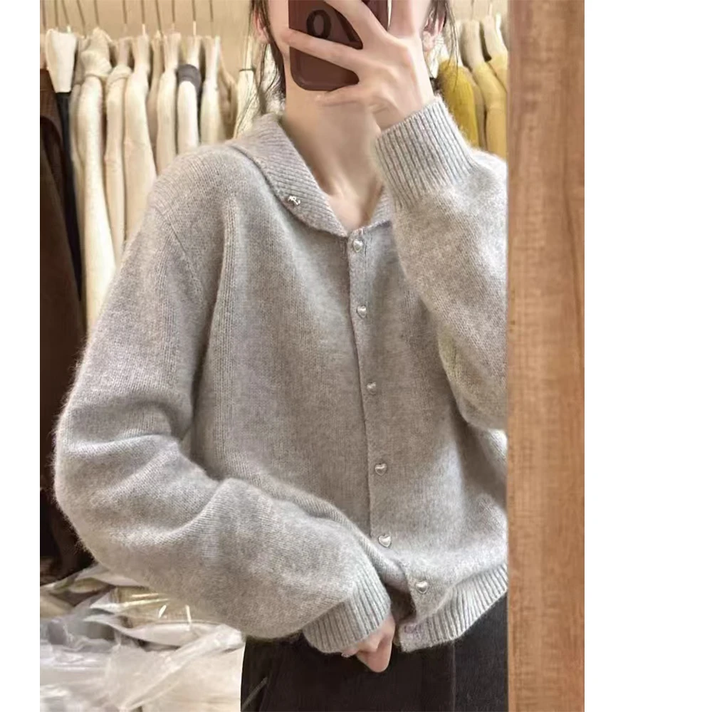 秋冬时尚休闲宽松翻领纯色长袖针织开衫女士毛衣外套-9533