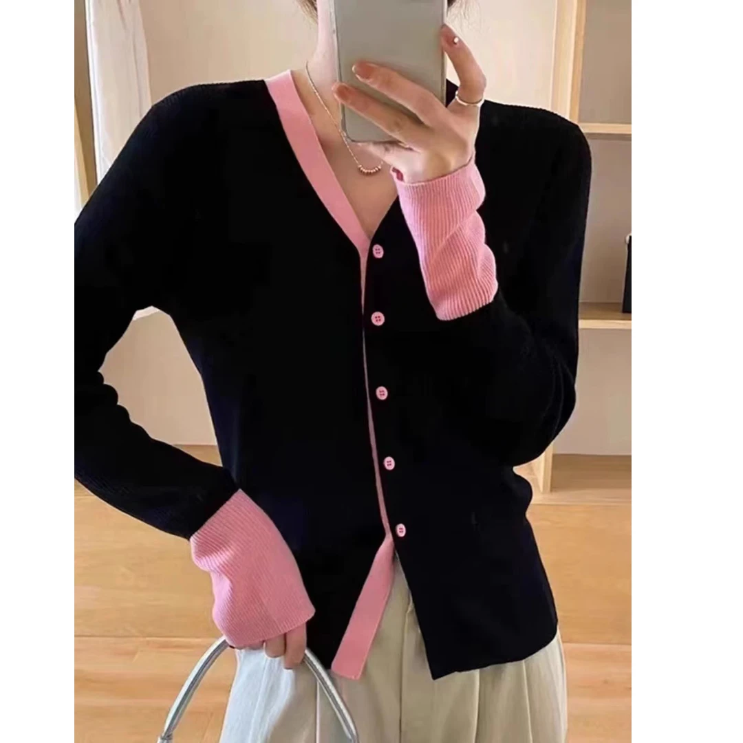 早秋时尚休闲宽松拼色长袖针织开衫秋冬女士毛衣外套-9423