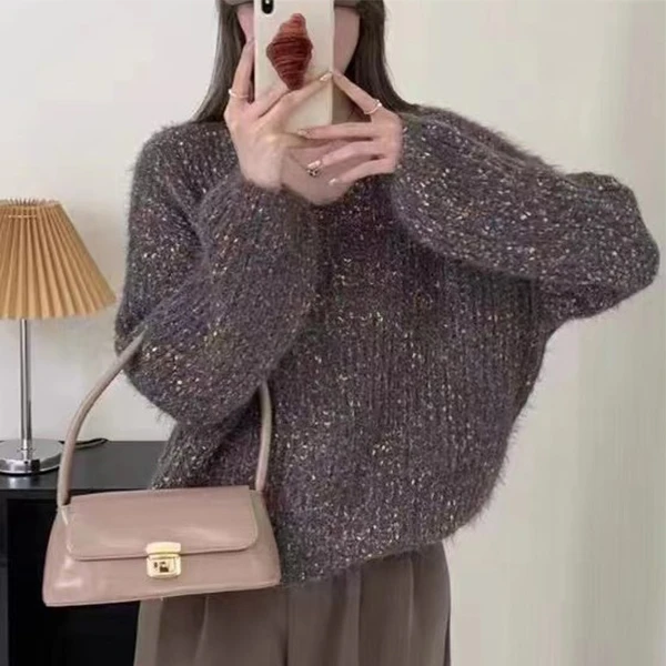 秋冬时尚休闲宽松百搭V领套头加厚长袖女士针织毛衣-9732