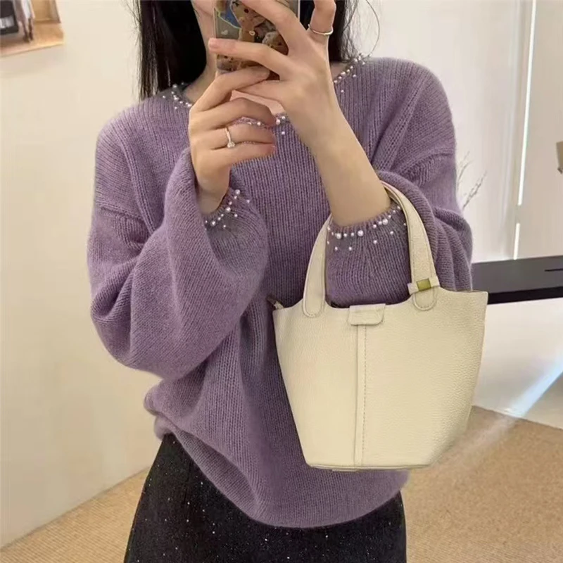 【芋泥啵啵】秋冬时尚休闲宽松圆领套头长袖针织衫女士毛衣-9565