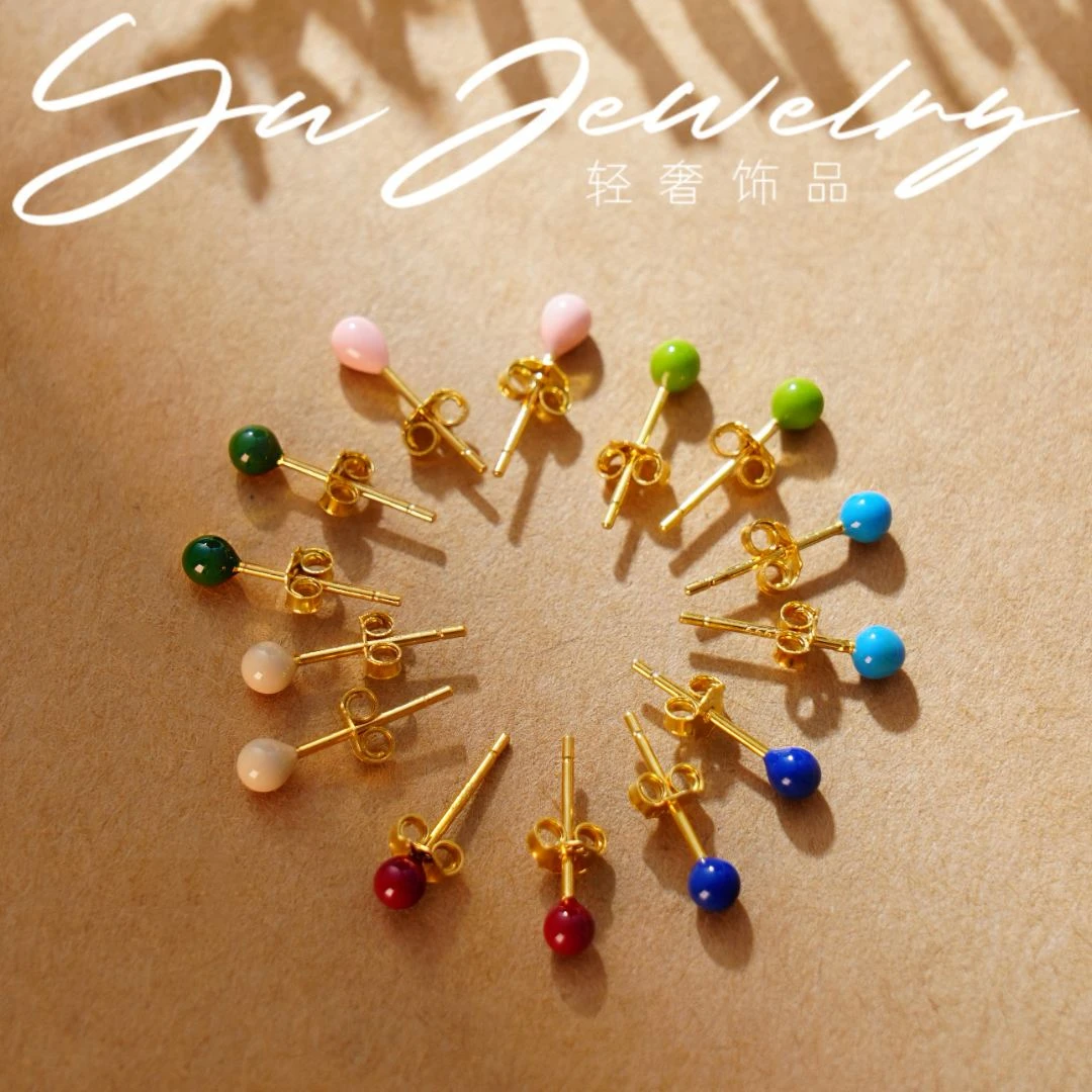 足银耳饰 999纯银白百何同款彩色滴釉耳钉养耳洞设计个性GW1001