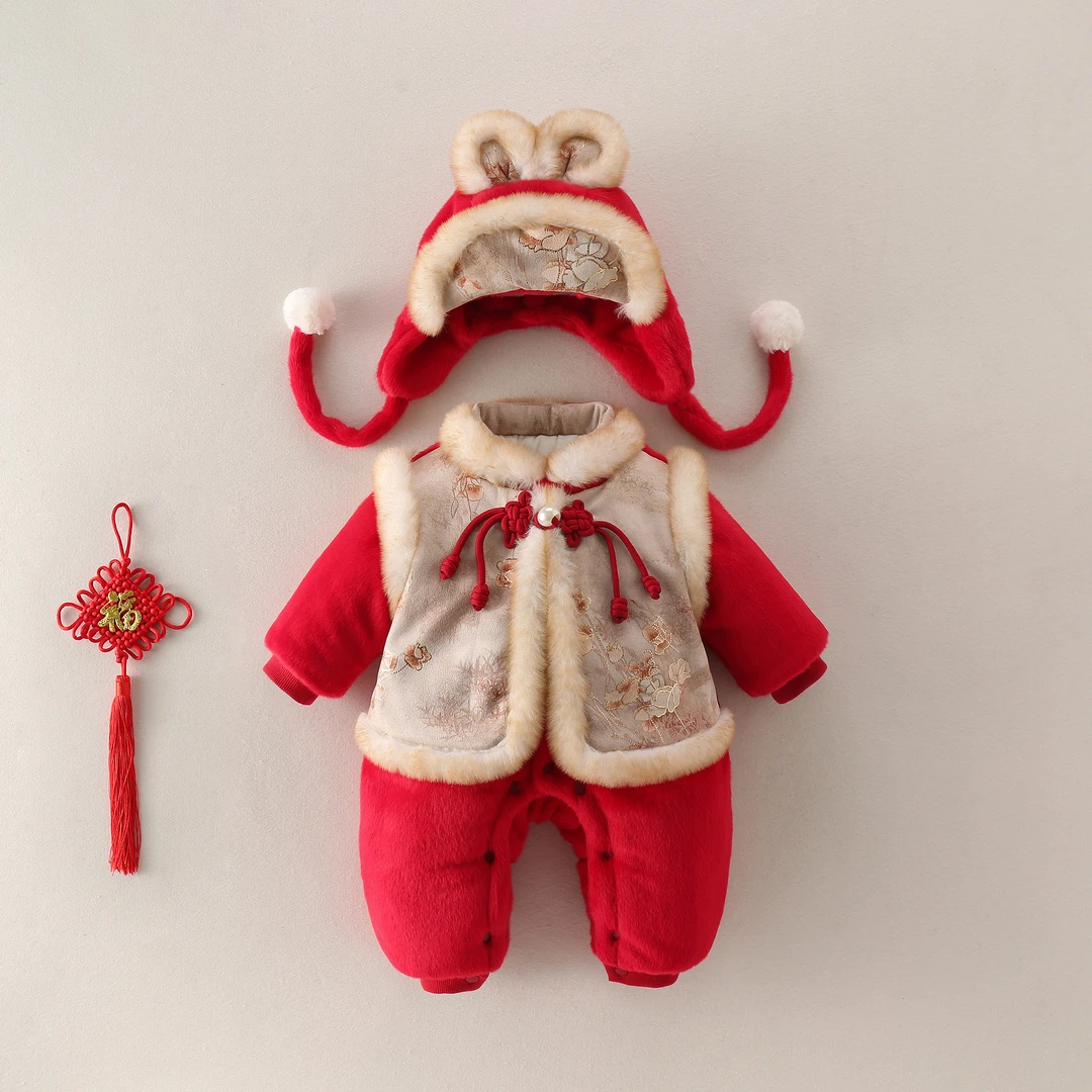 婴儿连体衣中国风喜庆拜年服加厚女宝冬装连体衣新生儿冬季外出服