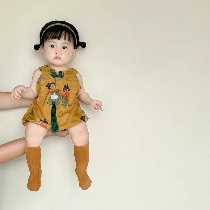 婴儿包屁衣夏季中国风无袖连体衣女宝宝洋气夏装哈衣夏装薄款爬服