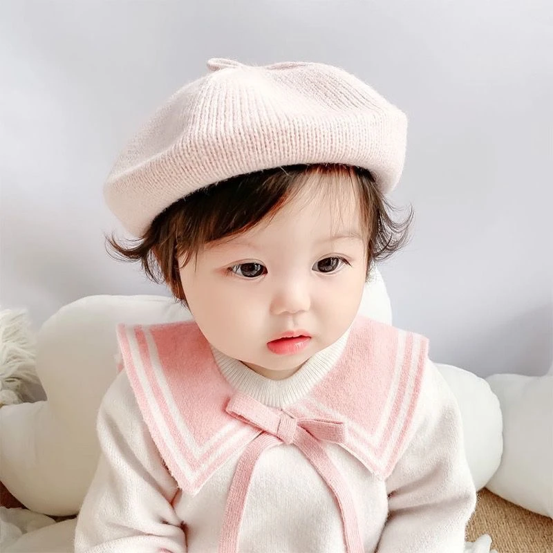 女童贝雷帽秋冬2023新款洋气小香风韩系小女孩宝宝八角毛线婴儿