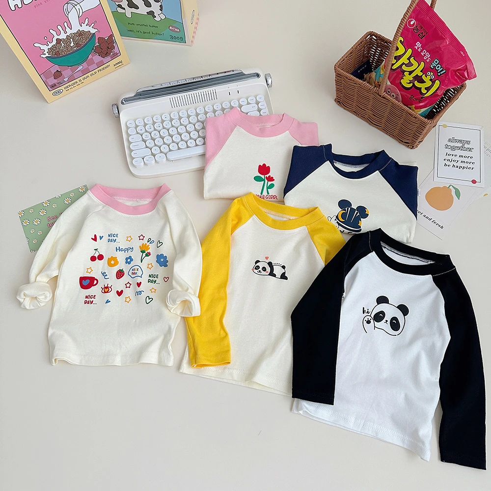 儿童时尚纯棉插肩小童长袖T恤秋季韩版洋气印花打底衣圆领宝