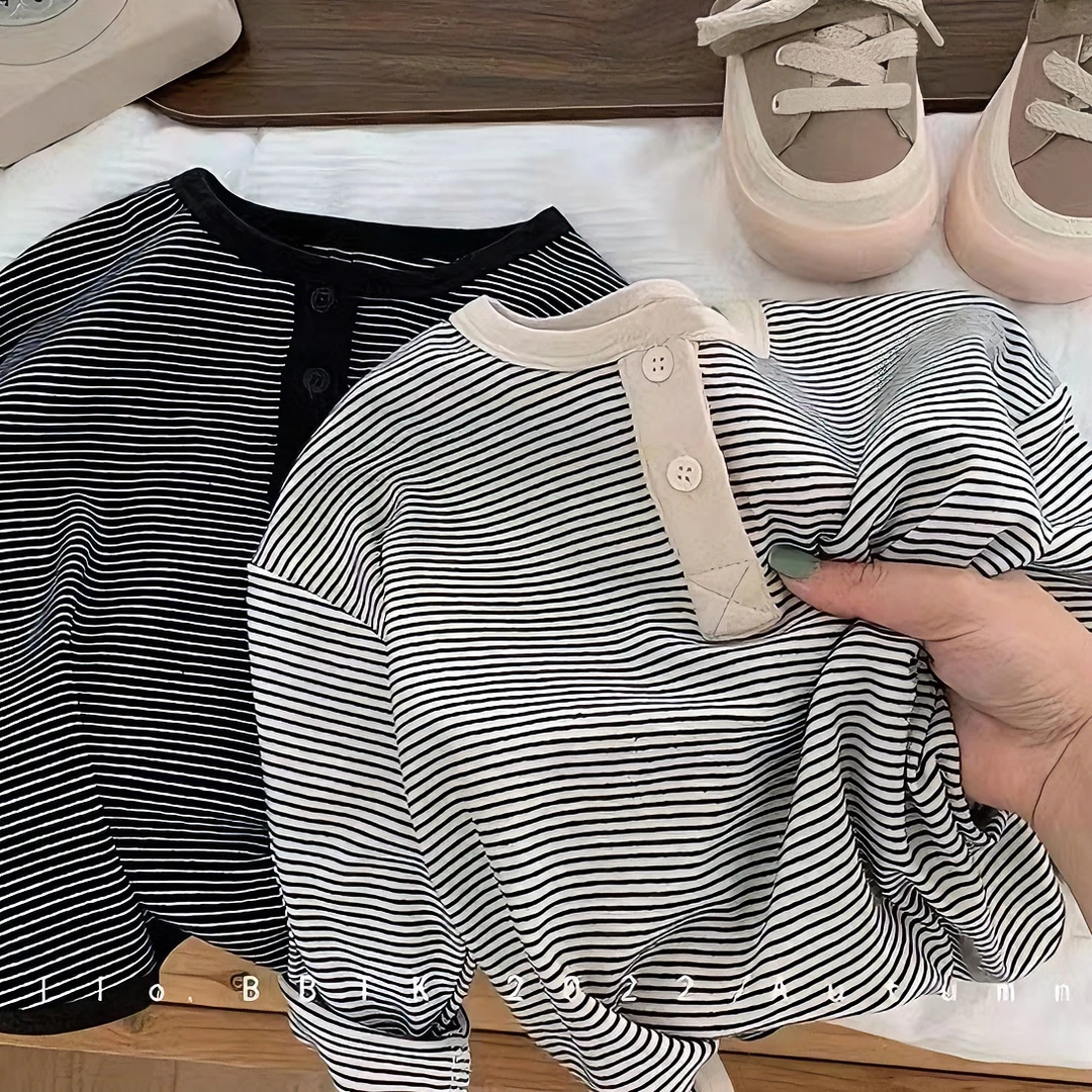 儿童春秋长袖洋气男女童韩版圆领长袖条纹套头宝宝宽松打底衫秋季