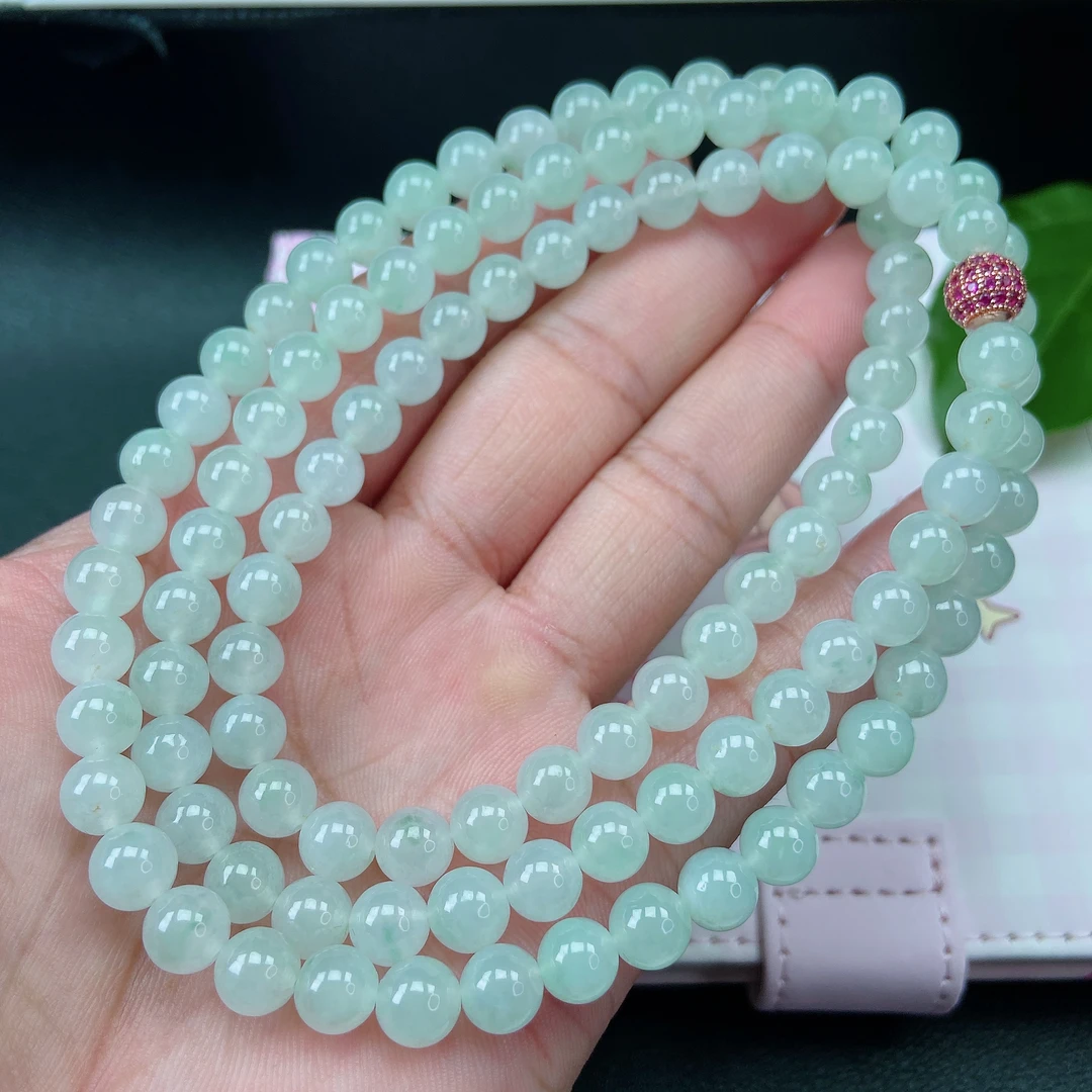 10-8.4缅甸天然翡翠A货翡翠冰种项链 尺寸7.3mm×108冰透长链百搭