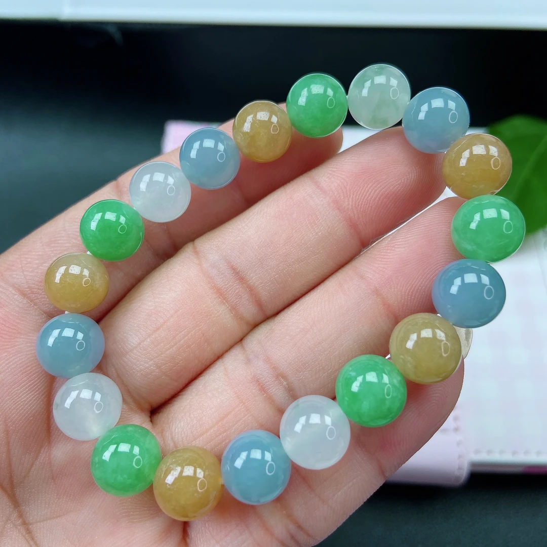 37-8.4缅甸天然翡翠A货翡翠多宝手珠尺寸10mm×19彩色多色女款轻奢
