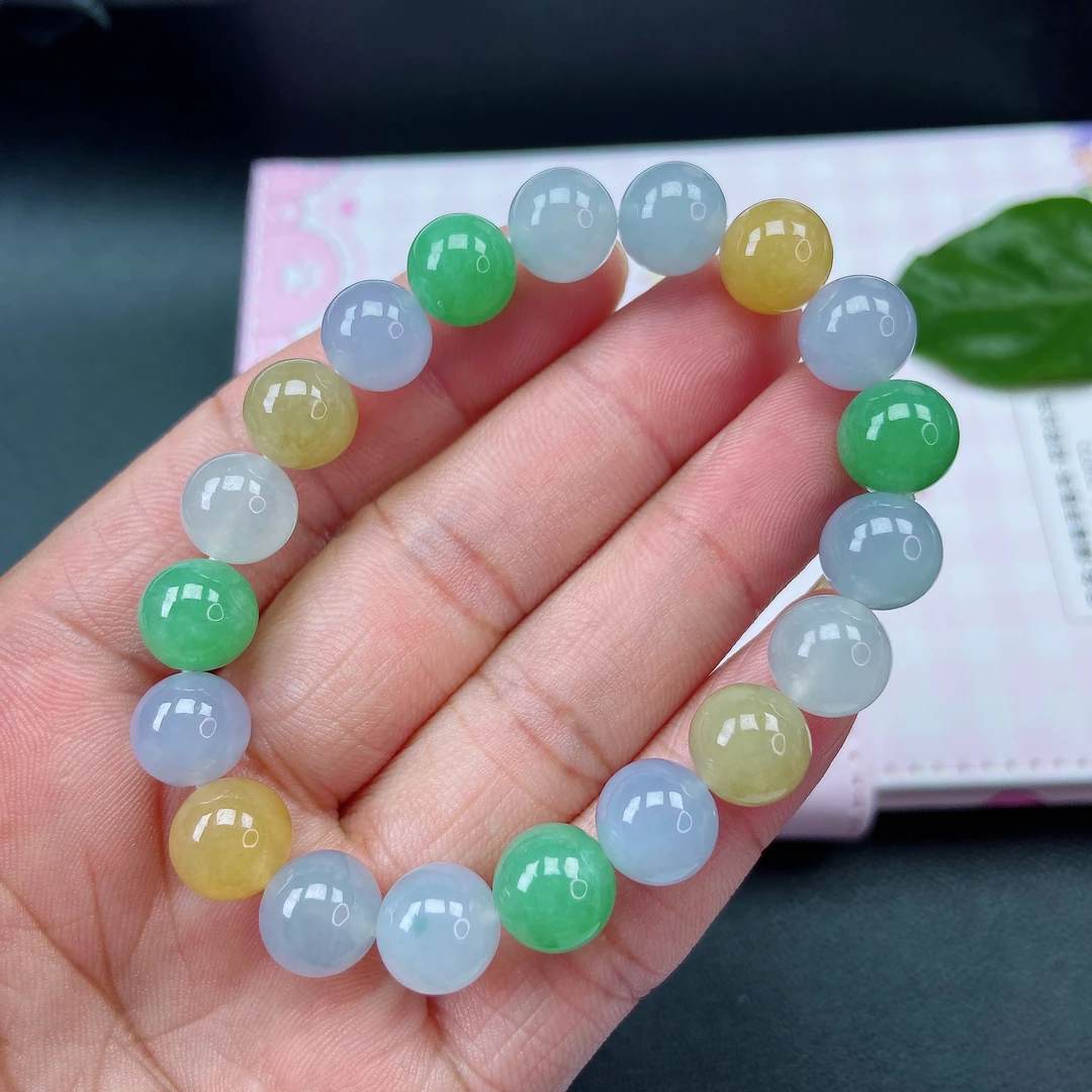 33-84缅甸天然A货翡翠冰绿黄紫多宝手珠 尺寸10mm×19女款彩色百搭