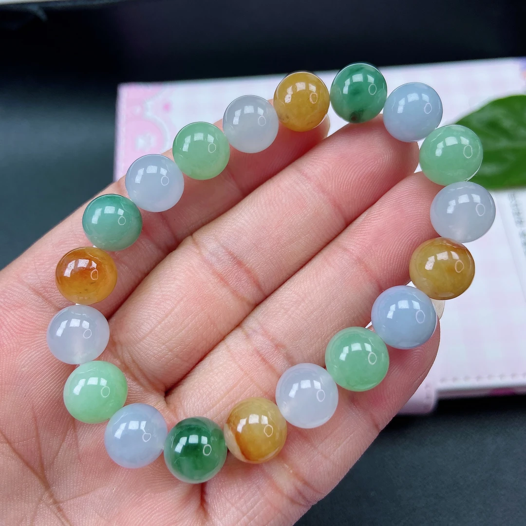 39-8.4缅甸天然A货翡翠三彩多宝手珠尺寸10mm×19彩色百搭多色单圈