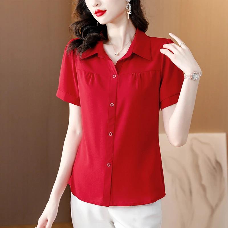 红色雪纺衫短袖衬衫女夏季2024新款气质减龄漂亮小衫修身遮肚上衣