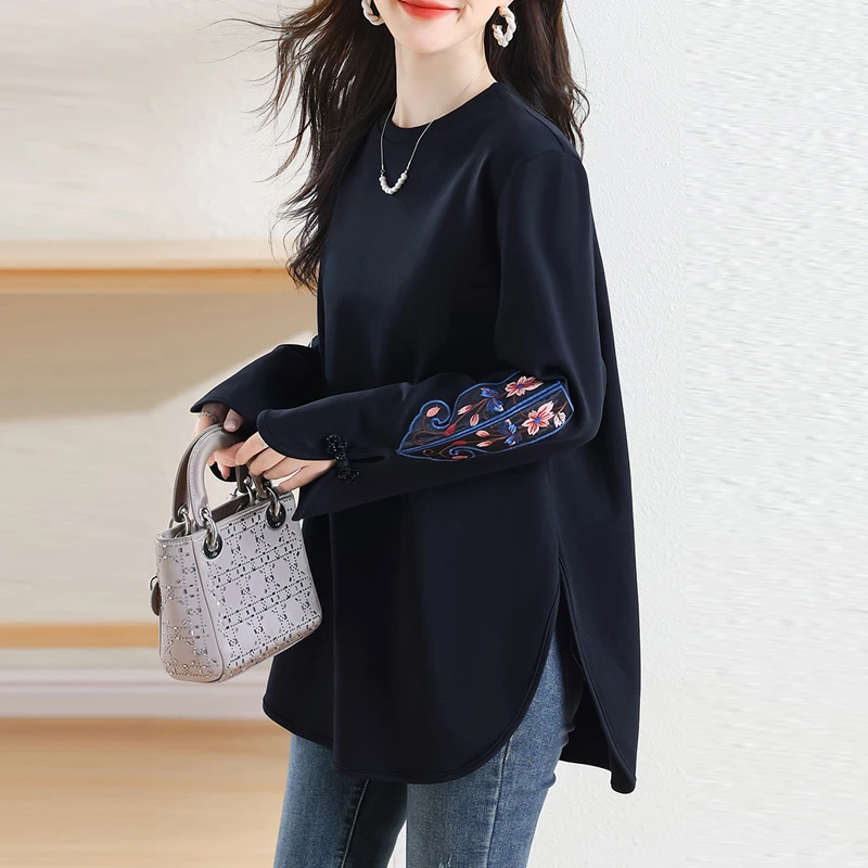 新中式刺绣打底衫2025秋冬季新款国风内搭卫衣女加绒加厚T恤上衣