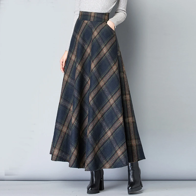 毛呢半身裙子女士装春秋冬季2025年新款格子百褶高腰垂感a字长裙