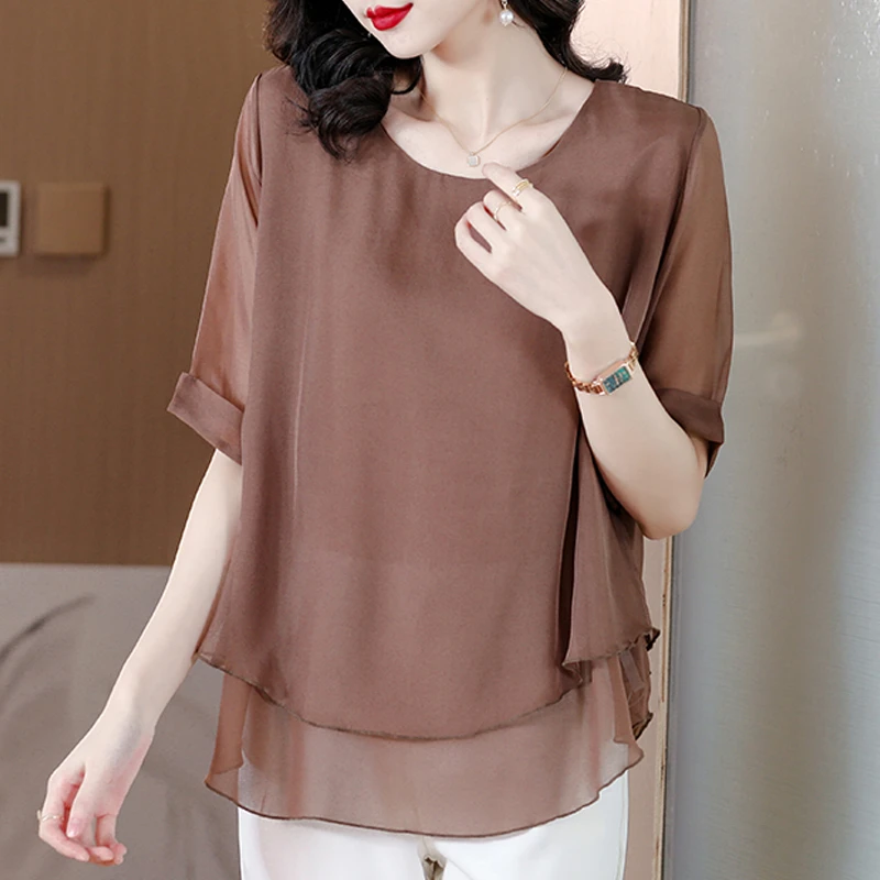 大码中袖雪纺衫女装夏季2025年新款宽松遮肚上衣时尚气质显瘦小衫