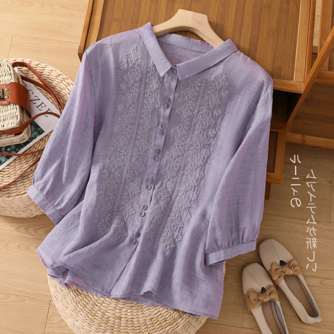 妈妈夏装高端棉麻气质上衣女夏款2025年新款重工刺绣女士亚麻衬衫