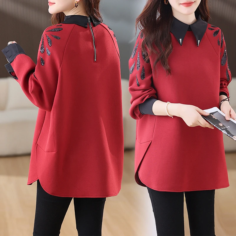 中长款红色卫衣女款春秋冬2025年新款爆款时尚洋气大码上衣遮屁股