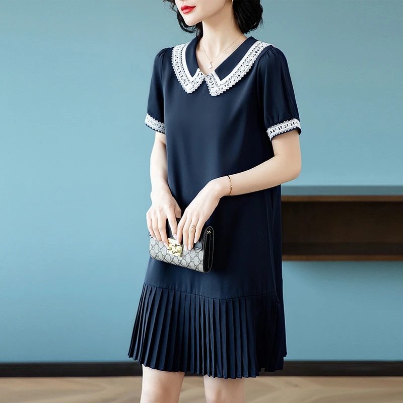 连衣裙子女士夏季2025年新款夏装短袖娃娃领别致漂亮小个子中长裙