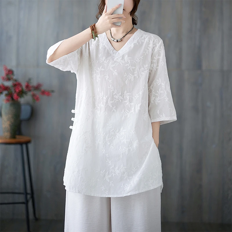 大码新中式棉麻衬衫女士中长款夏季宽松国风刺绣小衫高端亚麻上衣