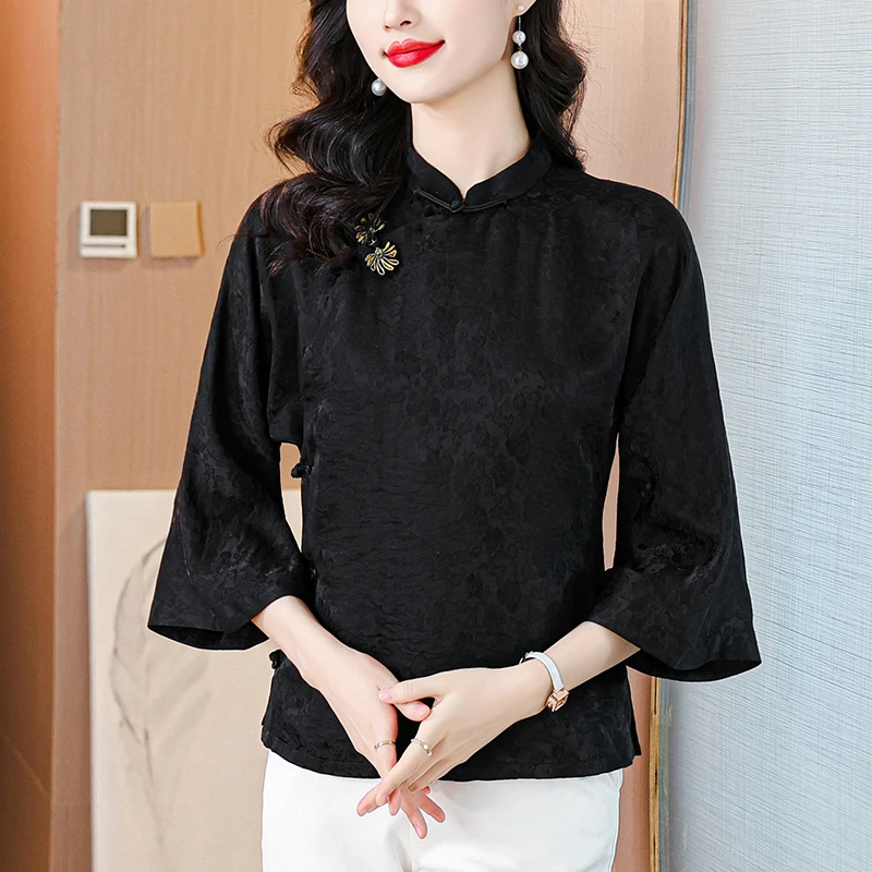 新中式国风提花衬衫女秋装新款黑色气质小立领唐装改良七分袖上衣