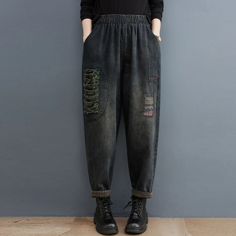 广州新塘牛仔裤2025春秋新款时尚宽松显瘦哈伦裤中年妈妈萝卜裤子