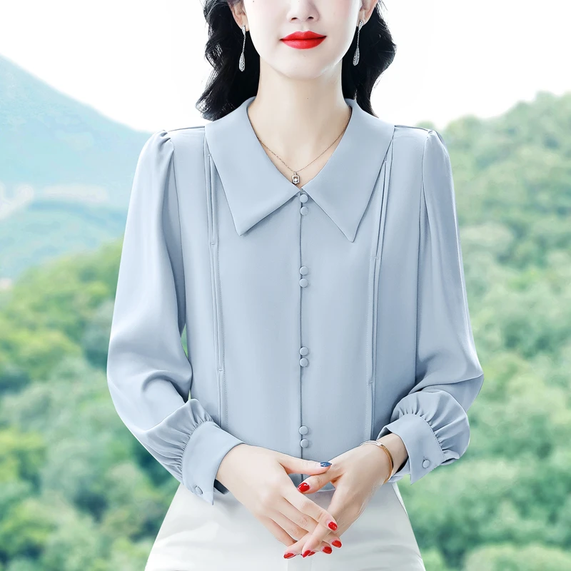 秋季减龄娃娃领长袖雪纺衬衫女士春秋2024新款秋装纯色衬衣女上衣