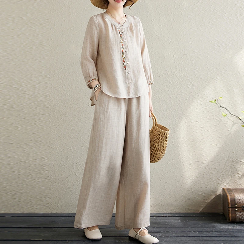 新中式国风棉麻套装2025夏季新款中年妈妈高端亚麻洋气减
