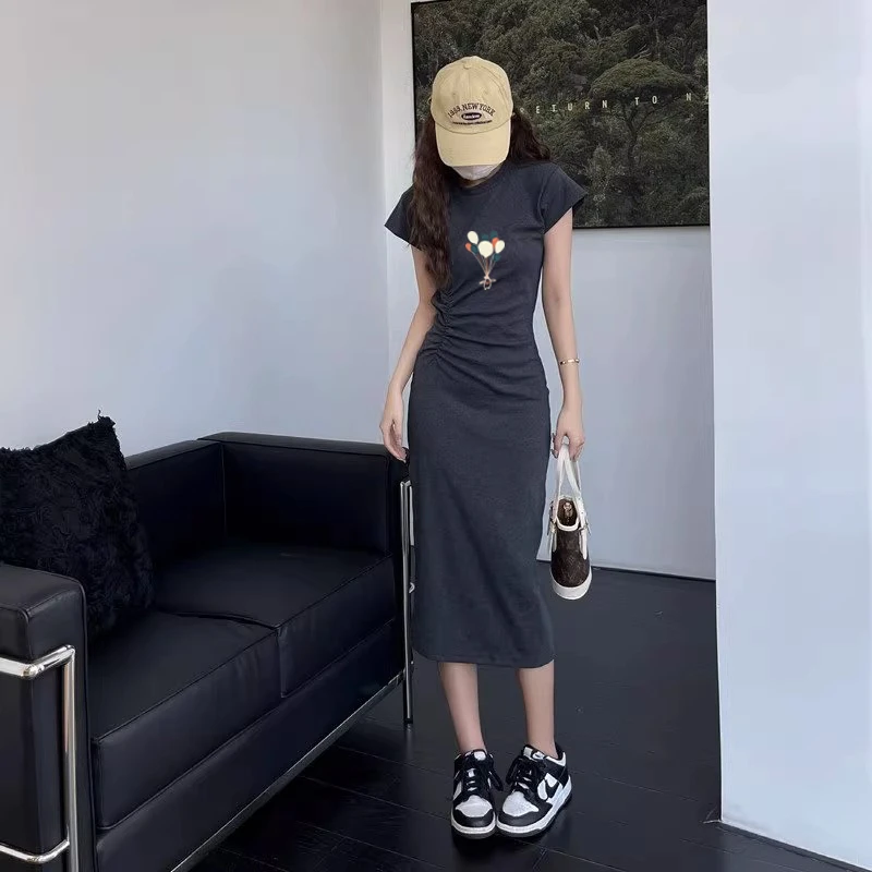 辣妹性感收腰深花灰连衣裙女夏季2023新款紧身休闲包臀裙长裙ins