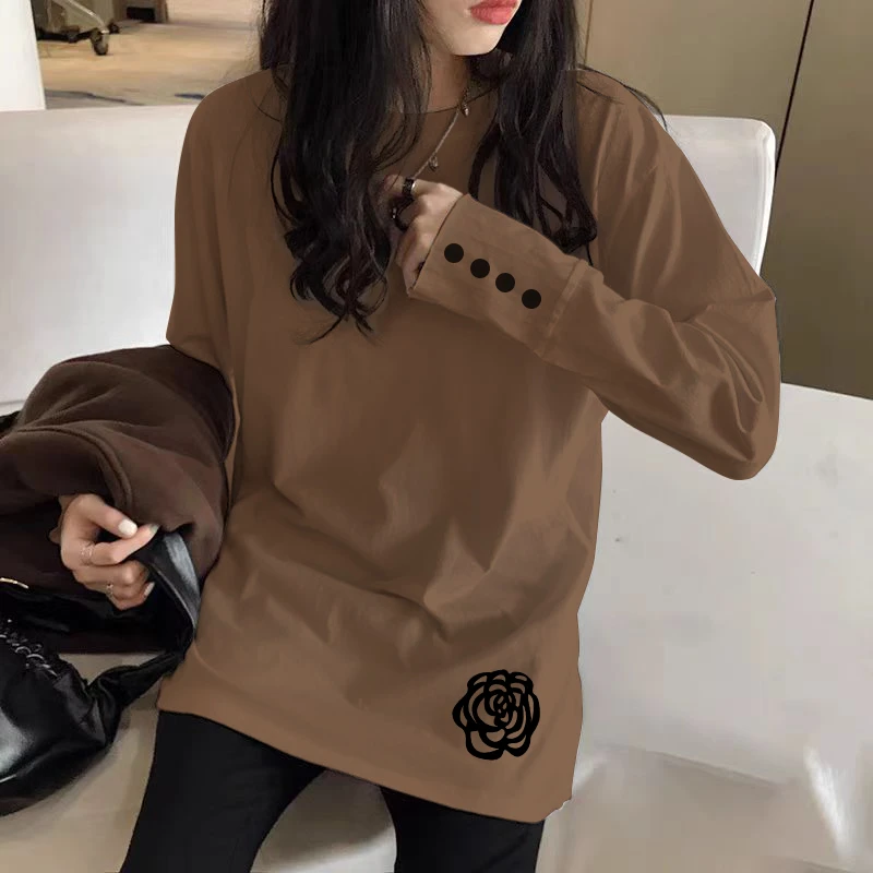 配鲨鱼裤的上衣春秋冬季咖色打底衫女内搭叠穿遮屁股中长款长T恤