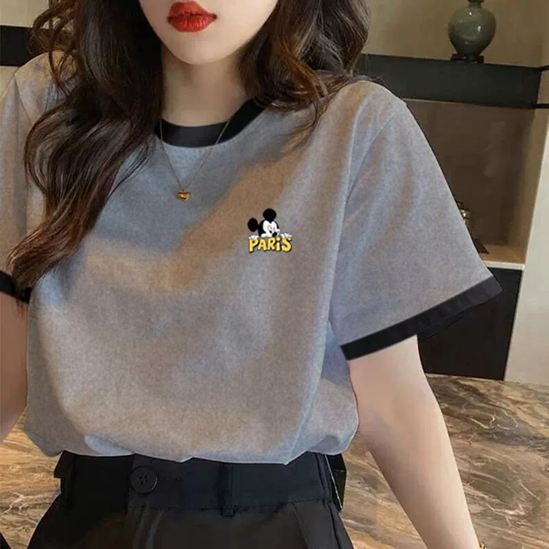 韩系ins风撞色米奇短袖t恤女纯棉2023年新款半袖时尚百搭体恤上衣