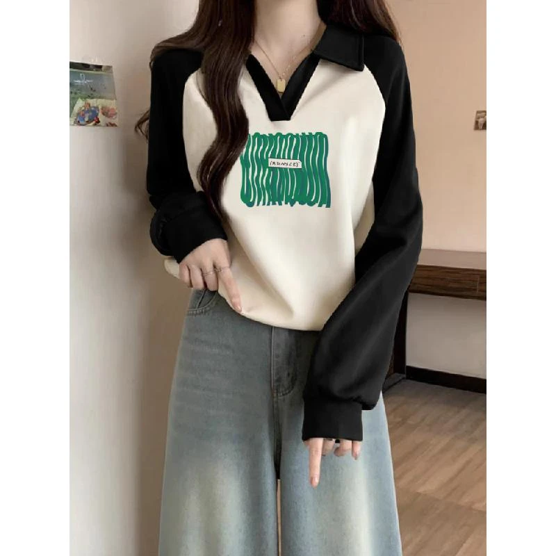 美式复古插肩袖短款卫衣女正肩宽松加绒加厚2023新款polo领秋冬潮