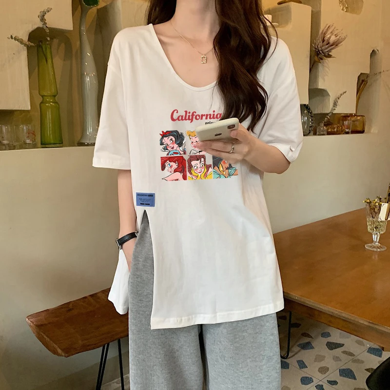 白色v领短袖t恤女2023年夏季新款设计感宽松纯棉开叉中长款女上衣
