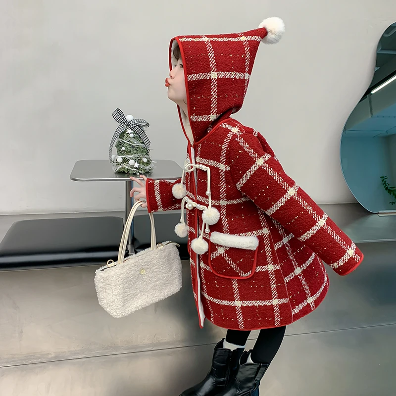 女童加绒加厚外套冬装洋气儿童洋气女孩圣诞红保暖大衣WT-7221