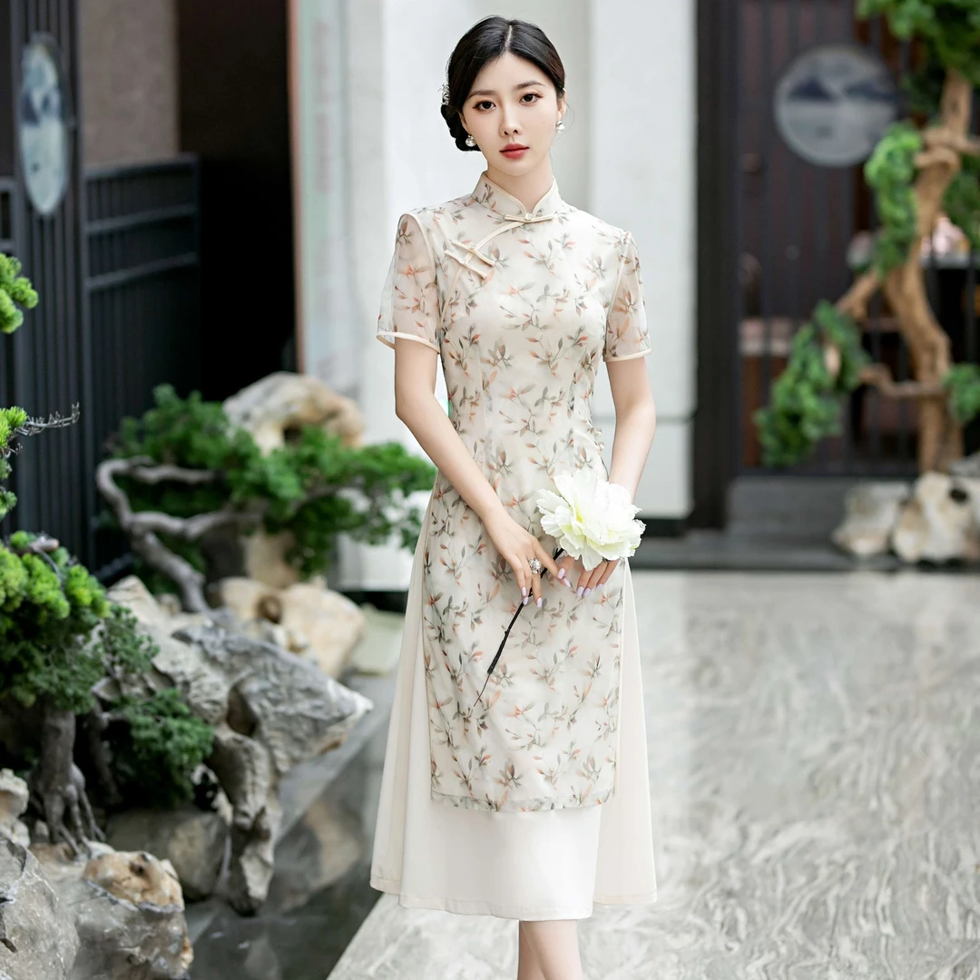 A102266，夏季新款国风显瘦奥黛改良旗袍裙，衣长118左右，M~4XL