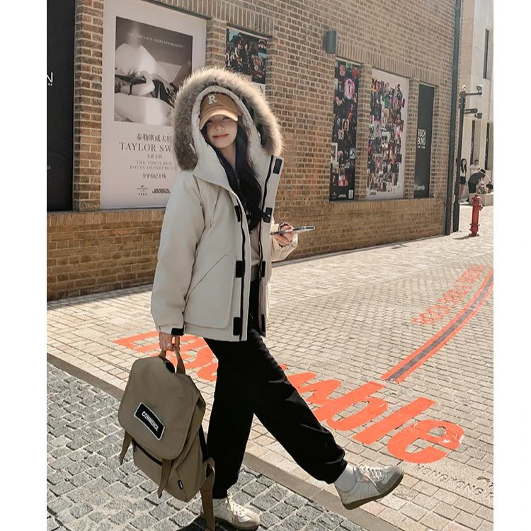 派克工装风90白鸭绒加厚连帽女羽绒服冬季短款宽松潮流中长款