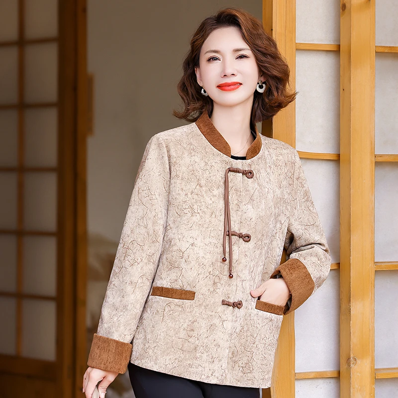中年妈妈洋气外套短款中式2024中老年新款女装春秋时尚上衣