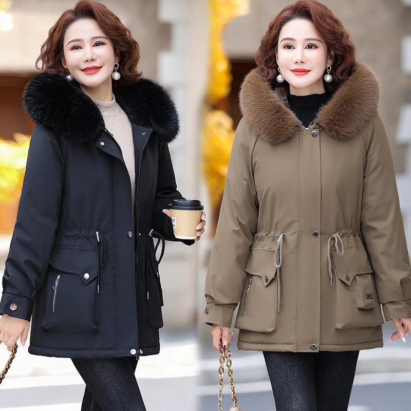 妈妈冬装派克服加绒外套洋气棉袄2024新款50岁中老年女装加厚棉衣