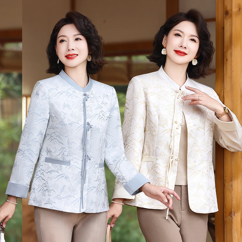 2024中式妈妈春秋装外套提花女装国风盘扣时尚提花上衣洋气新款