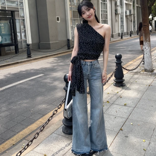 WUDALIAN夏季显瘦低腰浅色微喇叭牛仔裤