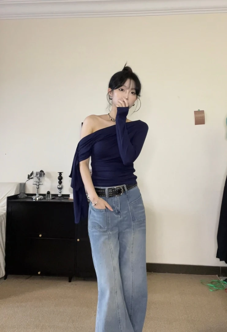 WUDALIAN设计感飘带斜肩露肩辣妹T恤上衣