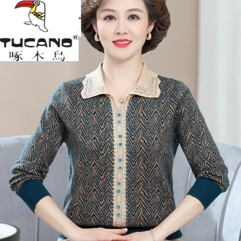 啄木鸟洋气妈妈装秋装翻领羊毛衫女时尚阔太太宽松打底衫中老